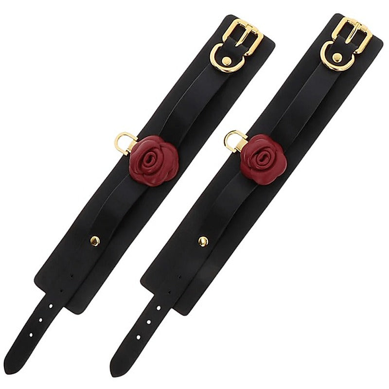 Scala Wild Roses Wrist Cuffs Black with Premium Faux Leather - Cuffs And Restraints