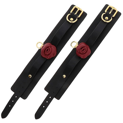 Scala Wild Roses Wrist Cuffs Black with Premium Faux Leather - Cuffs And Restraints