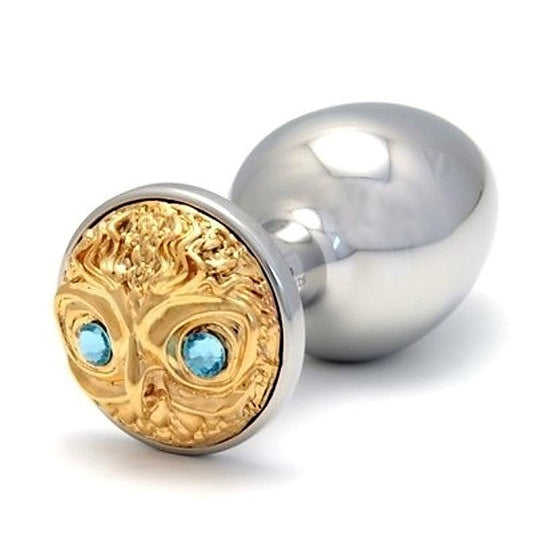 Luxe Owl Gold Medium Plug with Aquamarine Gems - Steel Sex Toys
