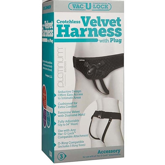 Vac-U-Lock Crotchless Velvet Harness with Plug - Strap On Sextoys