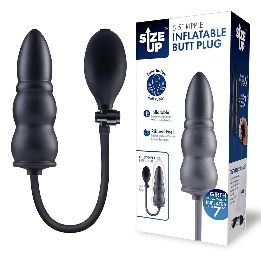 Xgen Size Up Ripple Inflatable Butt Plug Black with Pump Control - - Butt Plugs