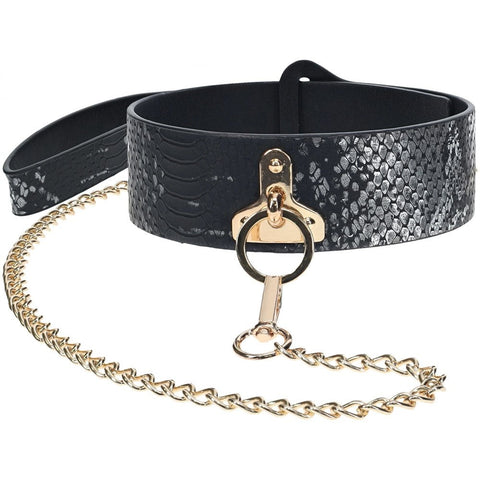 Shots Toys Premium Leather BDSM Collar & Leash Iridescent Hardware - Bondage Kits