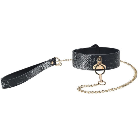 Shots Toys Premium Leather BDSM Collar & Leash Iridescent Hardware - Bondage Kits
