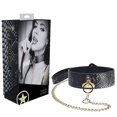 Shots Toys Premium Leather BDSM Collar & Leash Iridescent Hardware - Bondage Kits