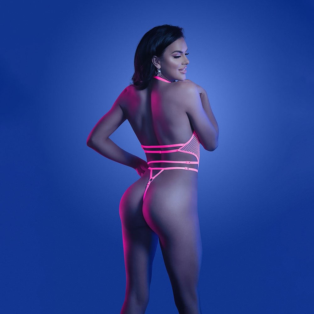 Fantasy Lingerie Glow Neon Pink Plunge Halter Teddy UV Reactive - - Bras and Bra Sets