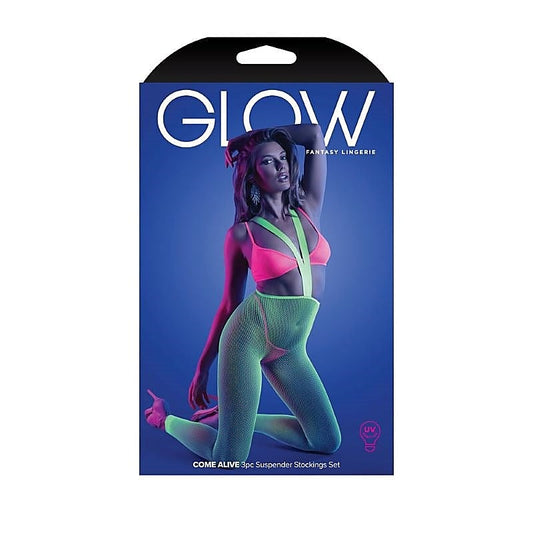 Glow Come Alive 3pc Suspender Stockings Set - Hosiery