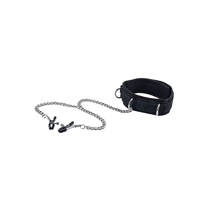 OUCH! BW Velcro Collar With Nipple Clamps by Shots Toys - Nipple and Clit Clamps