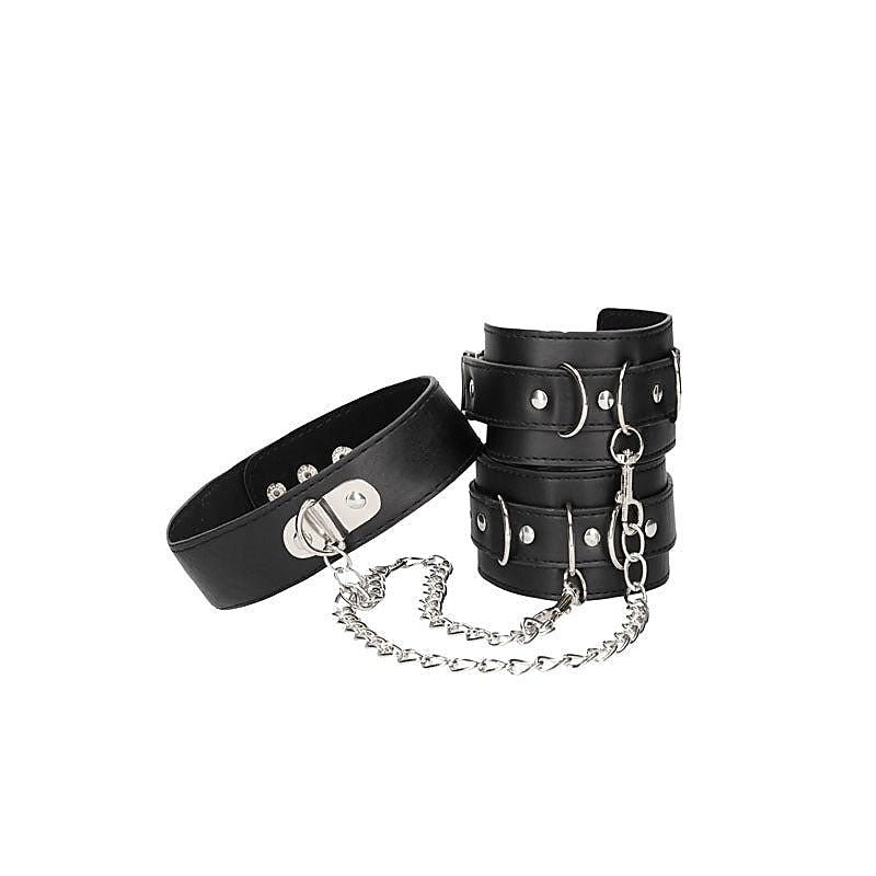 OUCH! BW Bonded Leather Collar With Hand Cuffs by Shots Toys - Cuffs and Restraints