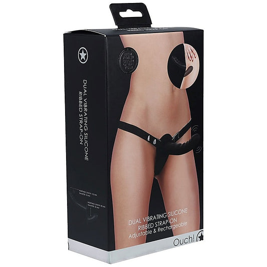 OUCH! Dual Silicone Ribbed Vibrating Strap-On by Shots Toys - Strap On Sextoys