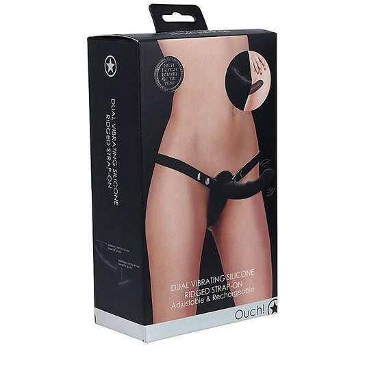 OUCH! Dual Silicone Ridged Vibrating Strap-On by Shots Toys - Strap On Sextoys