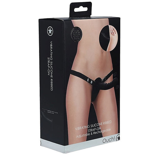 OUCH! Ribbed Silicone Vibrating Strap-On by Shots Toys - Strap On Sextoys