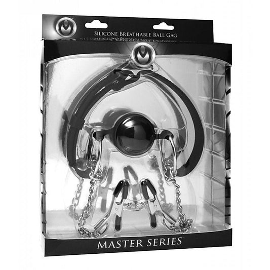 Hinder Breathable Silicone Ball Gag With Nipple Clamps - Bondage Gags and Bits