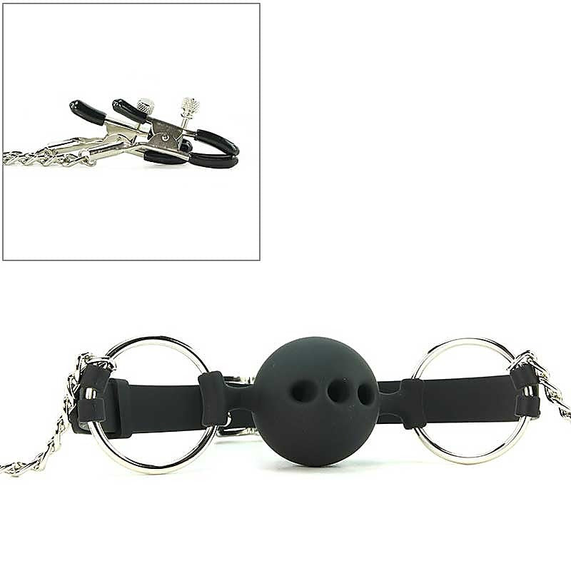 Breathable Silicone Ball Gag With Nipple Clamps by XR Brands - Bondage Gags and Bits