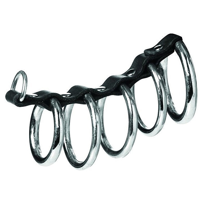 XR Brands Gates of Hell 5 Ring Steel Cock Ring Set with Leather Strap - Cock Rings