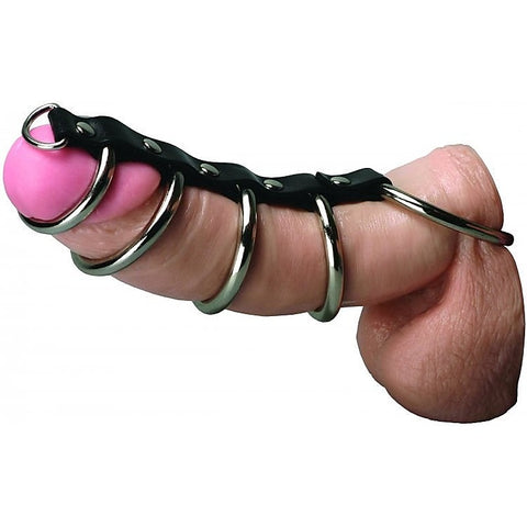 XR Brands Gates of Hell 5 Ring Steel Cock Ring Set with Leather Strap - Cock Rings