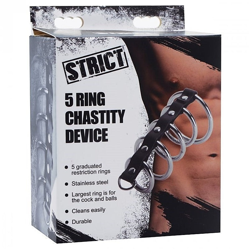 XR Brands Gates of Hell 5 Ring Steel Cock Ring Set with Leather Strap - Cock Rings