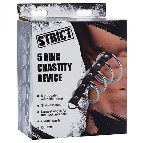 XR Brands Gates of Hell 5 Ring Steel Cock Ring Set with Leather Strap - Cock Rings