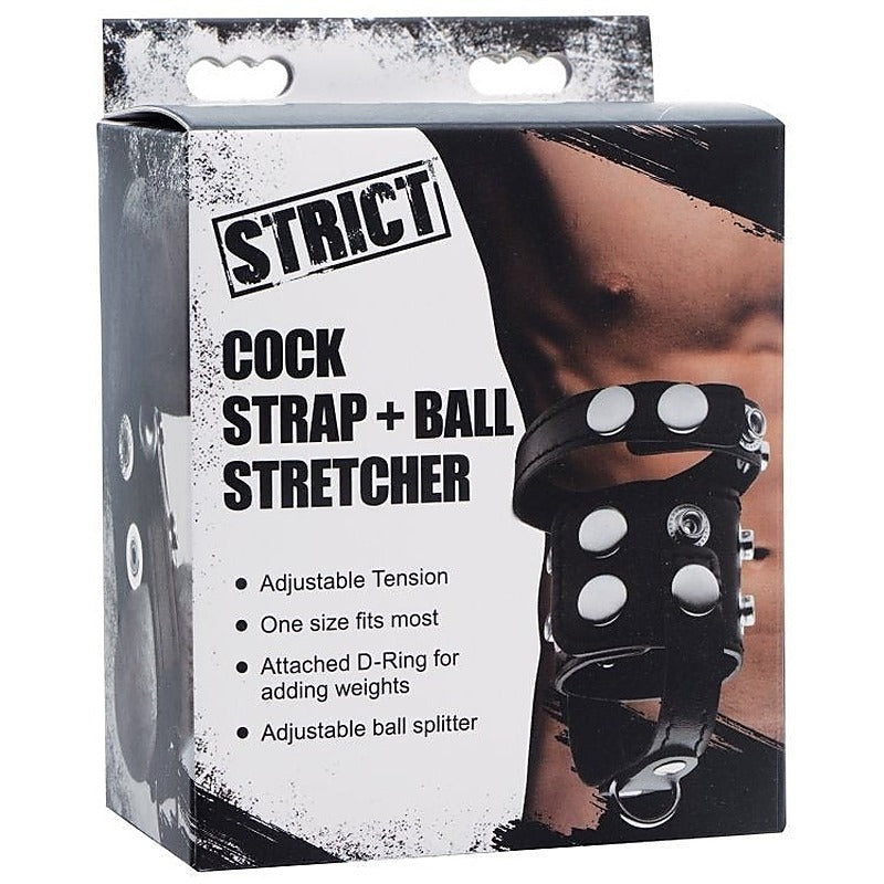 XR Brands Strict Cock Strap And Ball Stretcher Black with Adjustable Fit - Cock Rings