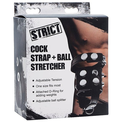 XR Brands Strict Cock Strap And Ball Stretcher Black with Adjustable Fit - Cock Rings
