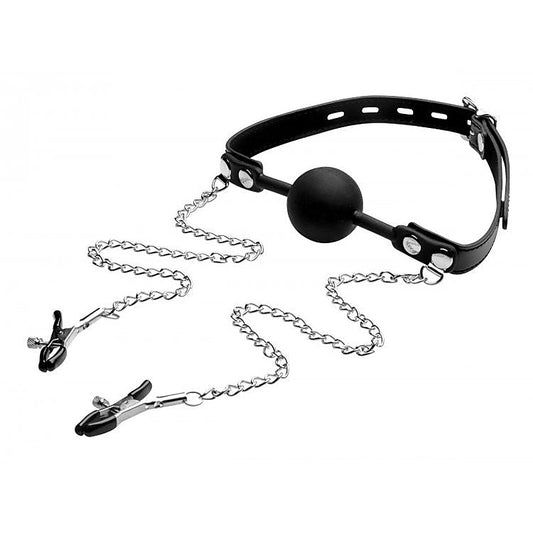 Silicone Ball Gag With Nipple Clamps by XR Brands - Bondage Gags and Bits