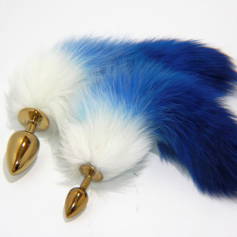 Blue Faux Fox Tail Gold Butt Plug - - Butt Plugs