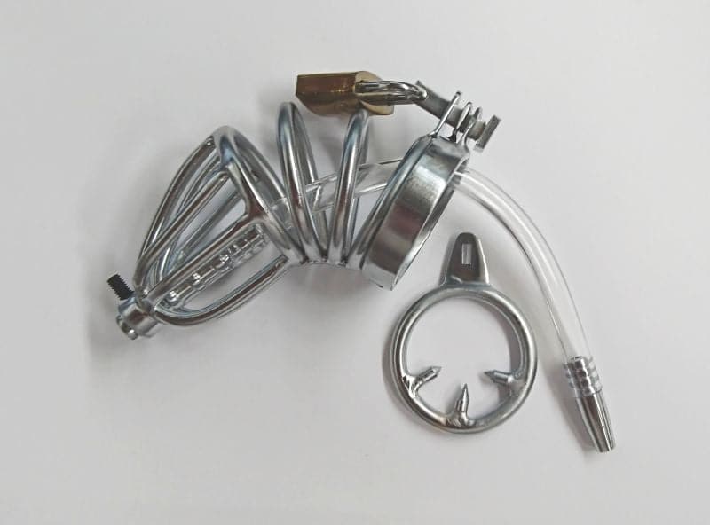 Chastity Device with Cock Ring and Catheter Tube - - Male Chastity