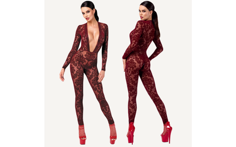 Noir Handmade Kink Royal V Neck Womens Catsuit Red
