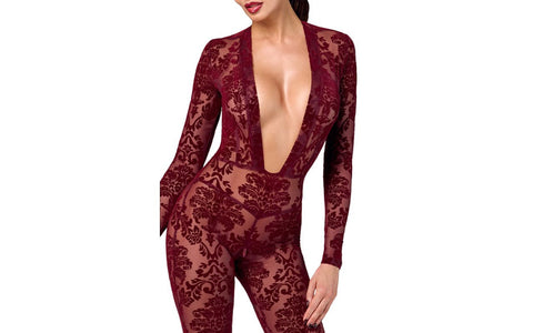 Noir Handmade Kink Royal V Neck Womens Catsuit Red