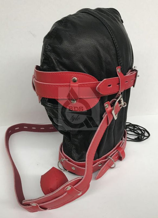 Hell Fire Slave Hood & Blindfold Faux Leather Black & Red - - Bondage Hoods