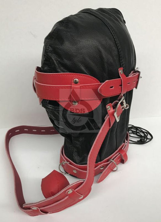 Hell On Fire Black With Red Slave Hood & Blindfold Leather - - Bondage Hoods