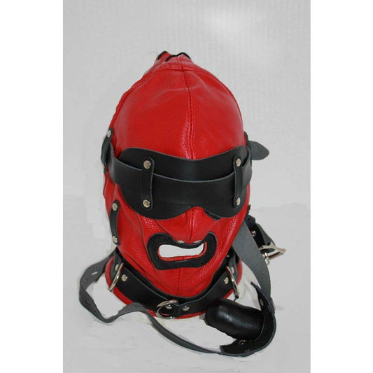 Hellish Red With Black Slave Hood & Blindfold Leather - - Bondage Hoods