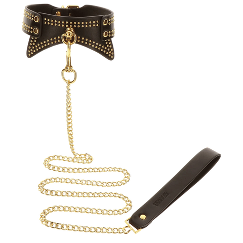 Scala Studded Collar and Leash Black BDSM Set with Gold Studs - Collars and Leads