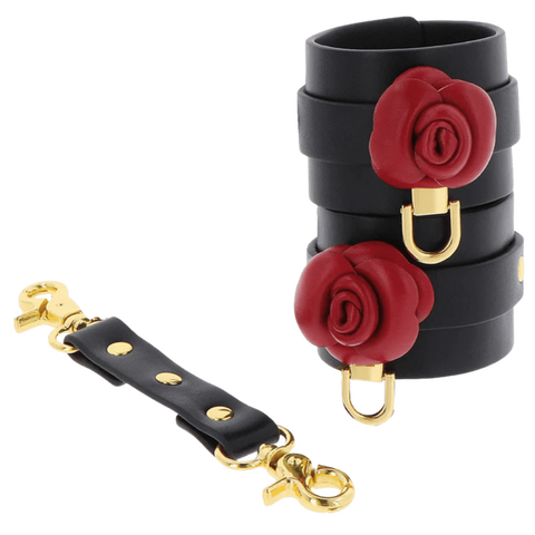 Scala Wild Roses Wrist Cuffs Black with Premium Faux Leather - Cuffs And Restraints