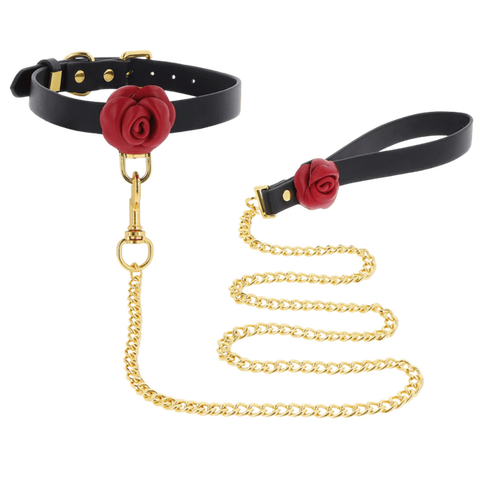 Scala Wild Roses Collar & Leash Black BDSM Set with Luxury Storage Box - Collars and Leads