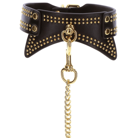 Scala Studded Collar and Leash Black BDSM Set with Gold Studs - Collars and Leads