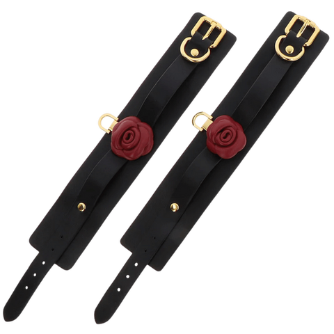 Scala Wild Roses Wrist Cuffs Black with Premium Faux Leather - Cuffs And Restraints