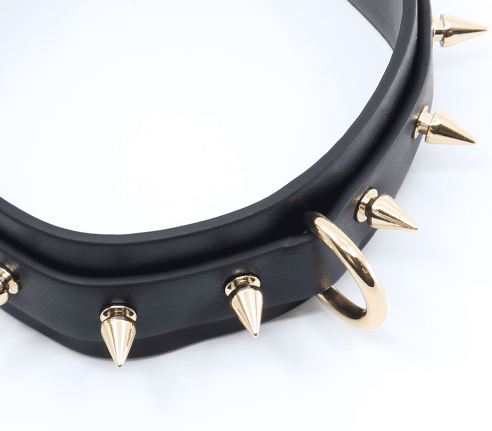 Love In Leather Spiked Faux Leather Bondage Collar with Metal Spikes - - Collars and Leads