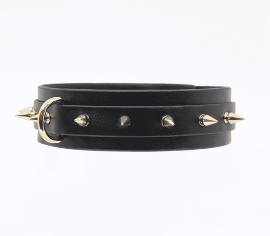 Love In Leather Spiked Faux Leather Bondage Collar - Gold - Collars and Leads