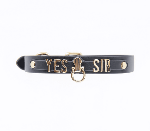 Love In Leather Yes Sir BDSM Play Collar with Metal Letters and D Ring - Collars and Leads