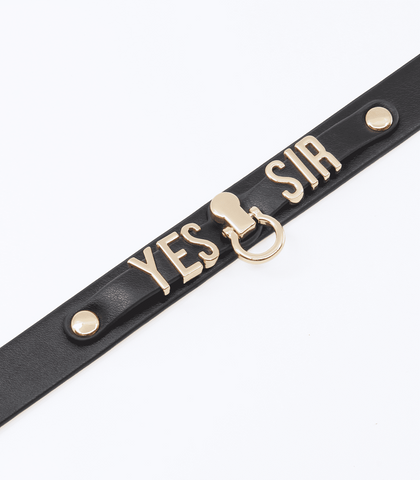 Love In Leather Yes Sir BDSM Play Collar with Metal Letters and D Ring - Collars and Leads