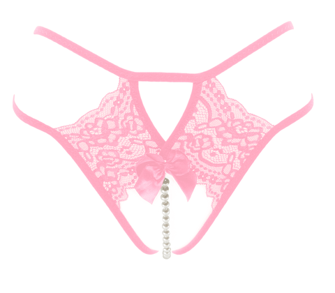Love In Leather Crotchless Lace and Pearl Panties - G-Strings, Panties and Shorts