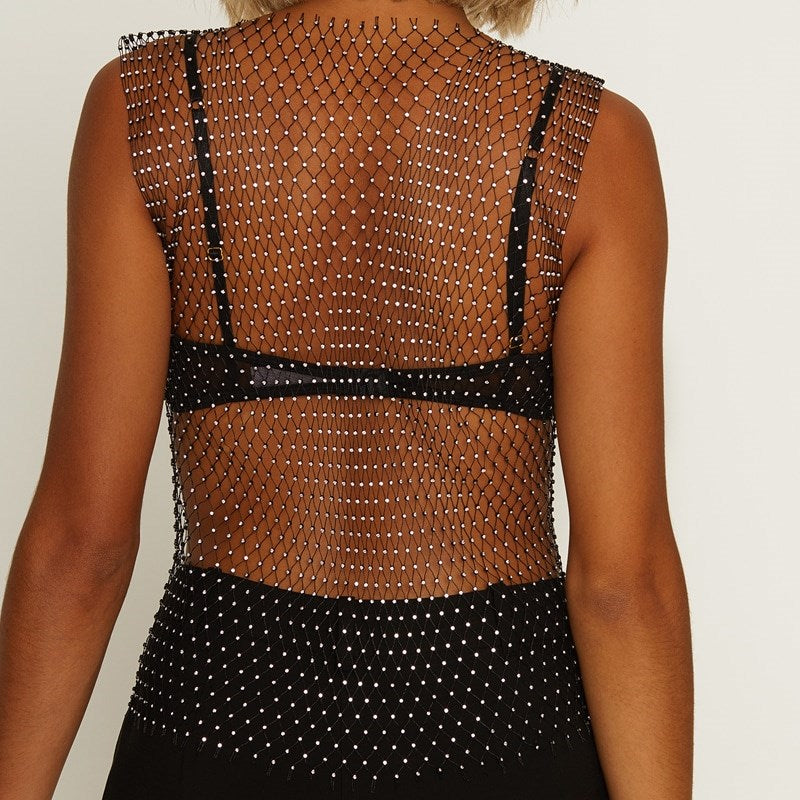 Muse Diamante Studded Mesh Net Top Sparkling Fashion Statement - - Her Fetish