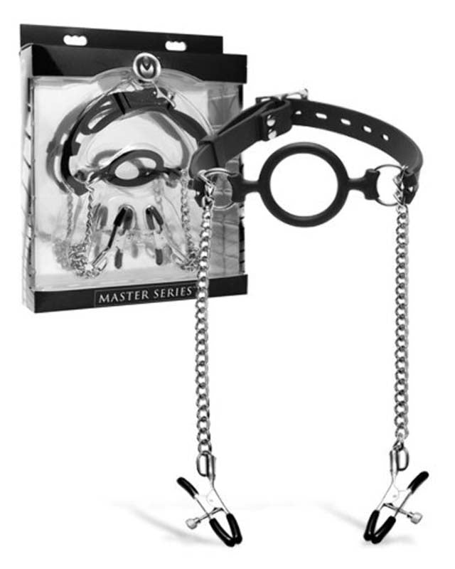 Mutiny Silicone O-Ring Gag With Nipple Clamps - - Nipple and Clit Clamps