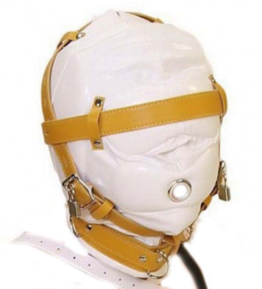 Obey Sir Sensory Deprivation Hood White Leather - - Bondage Hoods