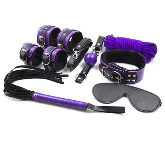 Purple And Black Fur Lined Bondage Kit 7 Piece - - Bondage Kits
