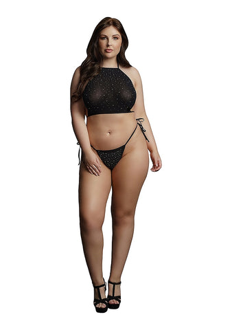 Le Desir Festive Rhinestone Womens Top and Thong Black - Bras and Bra Sets