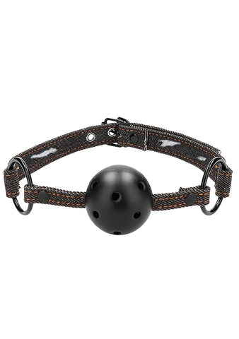 Shots Toys Breathable Ball Gag with Roughend Denim Straps - Bondage Gags and Bits