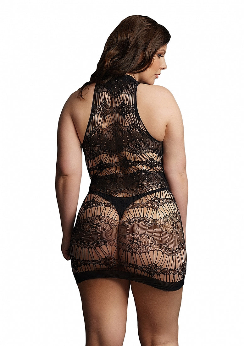 Le Desir High Criss Cross Key Hole Neck Mini Dress Black - - Body Stockings