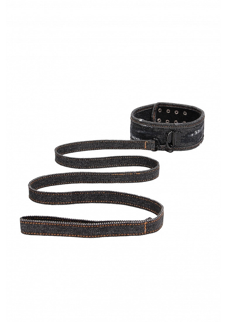 Shots Toys Denim Style Bondage Collar With Leash - Collars and Leads