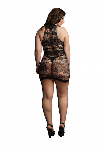 Le Desir High Criss Cross Key Hole Neck Mini Dress Black - Body Stockings